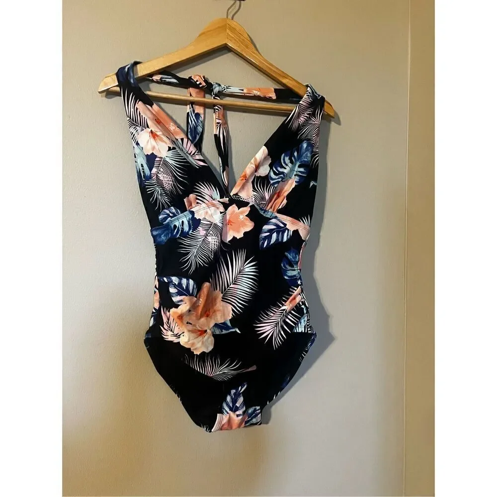 DKNY Women’s Size Large One Piece Tummy Control Halter Swimsuit Black Floral - Picture 4 of 7